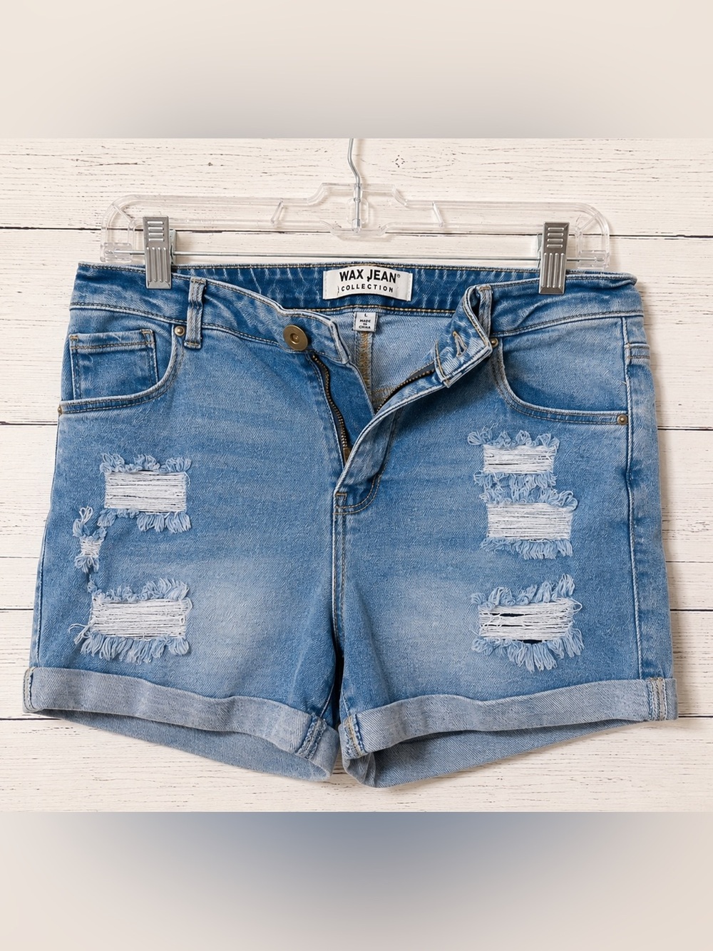Wax Jean Light Blue Distressed Rolled-Hem Denim Shorts